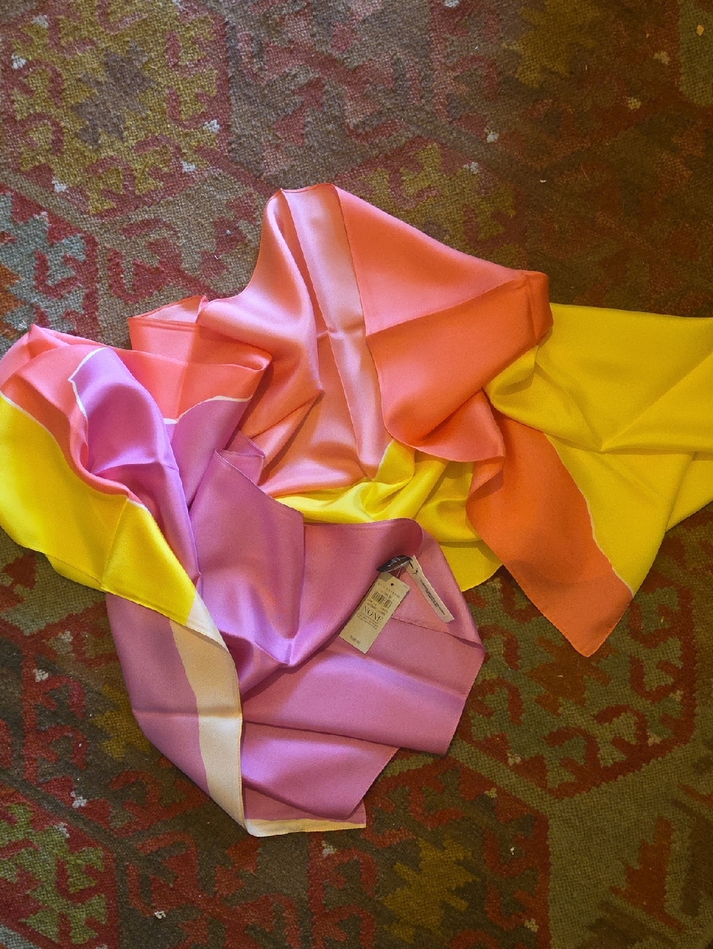 Ann Taylor Pink,Coral and Yellow Colorblock Silk Scarf